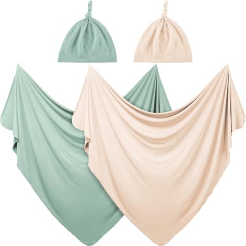 JaGely 2 Pcs Stretchy Baby Swaddle Blankets Set with Hats Extra Soft 47" x 47" Newborn Nursery Swaddle Wrap for Baby Girls and Boys(Green, Apricot)