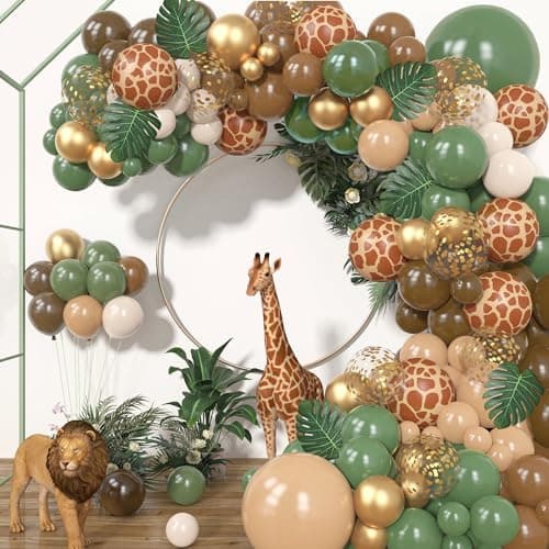 170Pcs Jungle Safari Balloons Garland Kit Safari Baby Shower Decorations Sage Green Brown Animal Print Balloons Palm Leaves for Woodland Themed Giraffe Wedding Two Wild One Birthday Party Supplies