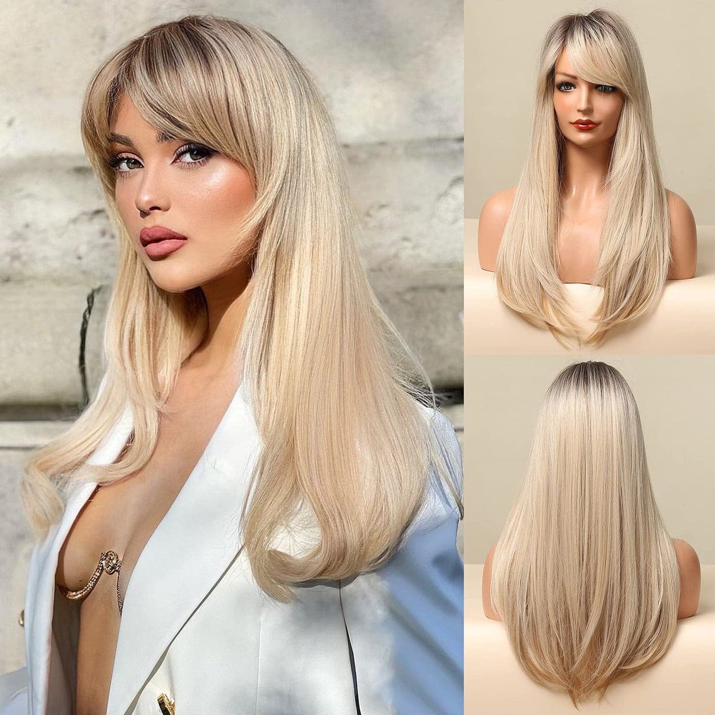 Honygebia Long Blonde Wig with Bangs Ombre Dark Root Blonde Wigs for White Women Striaght Wavy Synthetic Heat Resistant Hair Natural Cute Wigs for HalloweenChristmasCosplayParty
