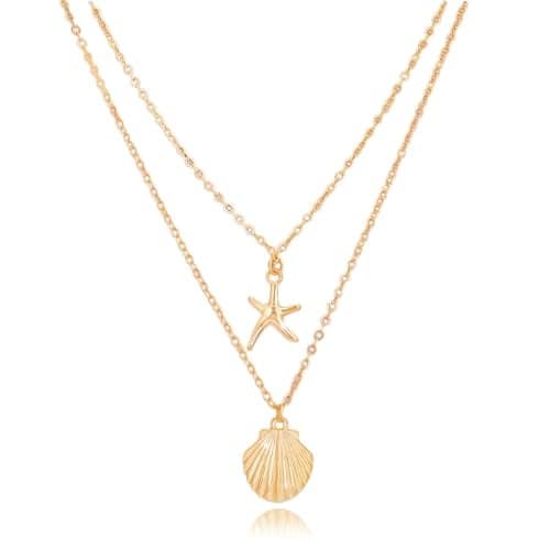 Tgirls Boho Starfish Layered Necklace Shell Pendant Necklace Silver Necklaces Chain for Women (Gold)