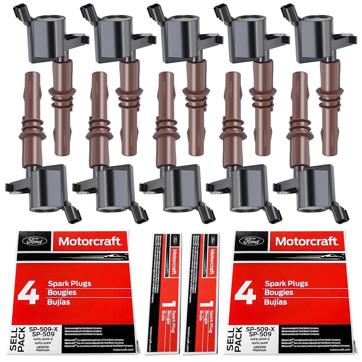 MAS Set of 10 Performance Ignition Coils Pack OEM Motorcraft Spark Plugs SP509 Compatible with Ford F250 F350 F450 F550 Super Duty F650 F750 F53 F59 68L V10 Replacement for 8L3Z12029A C1659 DG521