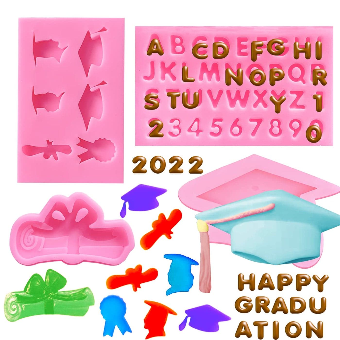 Doumeny 4Pcs Graduation Silicone Mold Set Graduation Cap Baking Mold Diploma Graduate Fondant Mold Certificate Candy Mold Doctorial Hat Chocolate Mold Letters and Numbers Molds for Graduation Decor