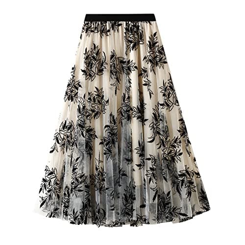 Dirholl Women's A-Line Fairy Patterned Elastic Waist Ruffle Tulle Layered Midi Skirt Foliage Apricot