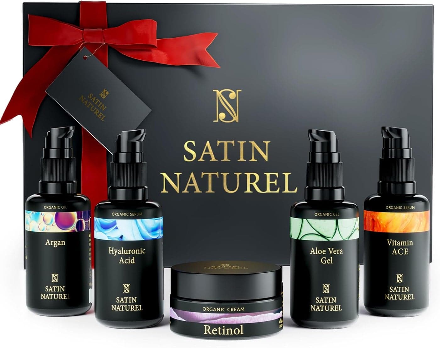 Satin Naturel Luxury Gift Set for Women 5x30ml Skincare Bundle with Hyaluronic Acid Serum Vitamin C Serum Aloe Vera Gel Argan Oil Moisturiser Skincare Set for Her in Premium Gift Box
