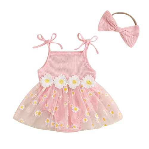 Newborn Baby Girl Cute Outfit Sleeveless Flower Print Tulle Patchwork Romper Dress with Bowknot Hairband (Pink, 0-3 Months)