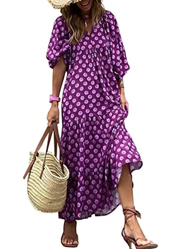 miduo Womens Long Dresses Fashion Summer Spring V Neck Half Sleeve Bohemian Floral Pattern Maxi Long Dresses Beach Purple M