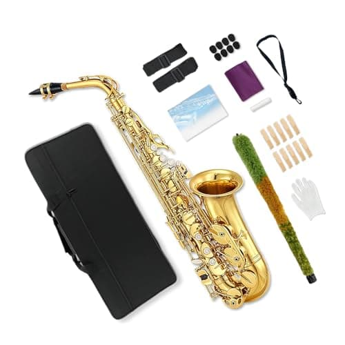 ModouString Alto Saxophone E Flat Sax Full Kit With Carrying Case,Mouthpiece,Straps, Reeds Saxophone Beginners Kit for Adults (gold)