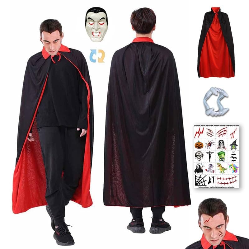 Sarvda Halloween Robe Dress for Men and Women | Cloak For Adults| Robe Vampire Costume with Dracula Mask | Dracula Teeth | Makeup Tattoo | Role Play Horror Haunted Theme Party,red,black,fabric