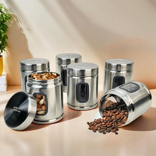 The Better Home 1L See-Through Stainless Steel Jars for Kitchen Storage | Airtight Multipurpose Containers | Pack of 6, Silver | kitchen jars | jars containers | jar set for kitc