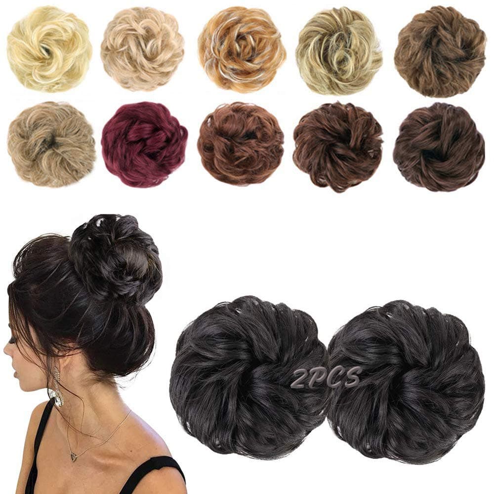 MORICA 2PCS Messy Bun Hair Piece Fake Messy Bun Scrunchies for Thin Hair Extension Curly Wavy Synthetic Chignon Ponytail for Women Natural Black