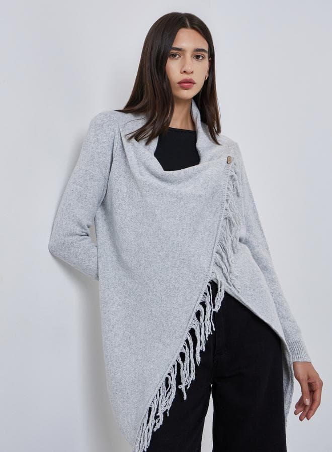 Styli Grey Wrap Cardigan with Fringes