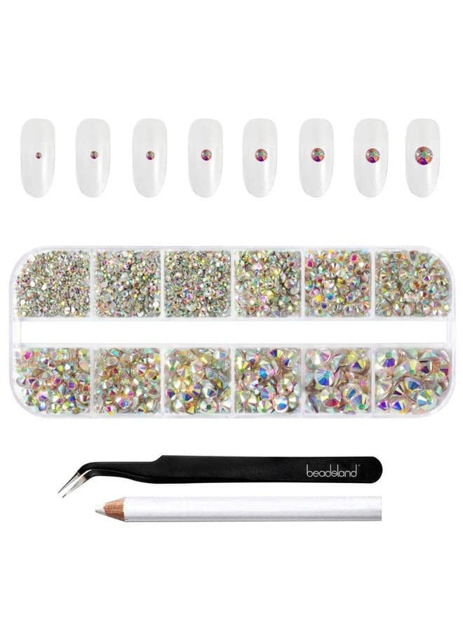 (crystalAB) - 2500pcs Crystal AB Nailart Rhinestones Crystal Flatback Gems Round Crystal AB Rhinestones Kit 8 Sizes SS4 SS30 with Picking Tweezer and Pen (Clear AB)