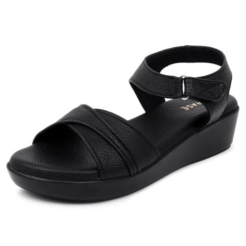 TRASE Stylish Wedges Heels Sandals For Women, Comfortable Heel, Ankle Straps (Black, 8 UK)