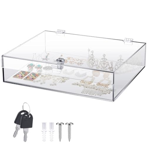 Wonderjune Clear Acrylic Locking Display Case with Keys Large Medication Lock Box Snack Fridge Lock Acrylic Figure Display Case Storage Box for Collectibles Figures Jewelry Toy(12" X 9.84" X 3")