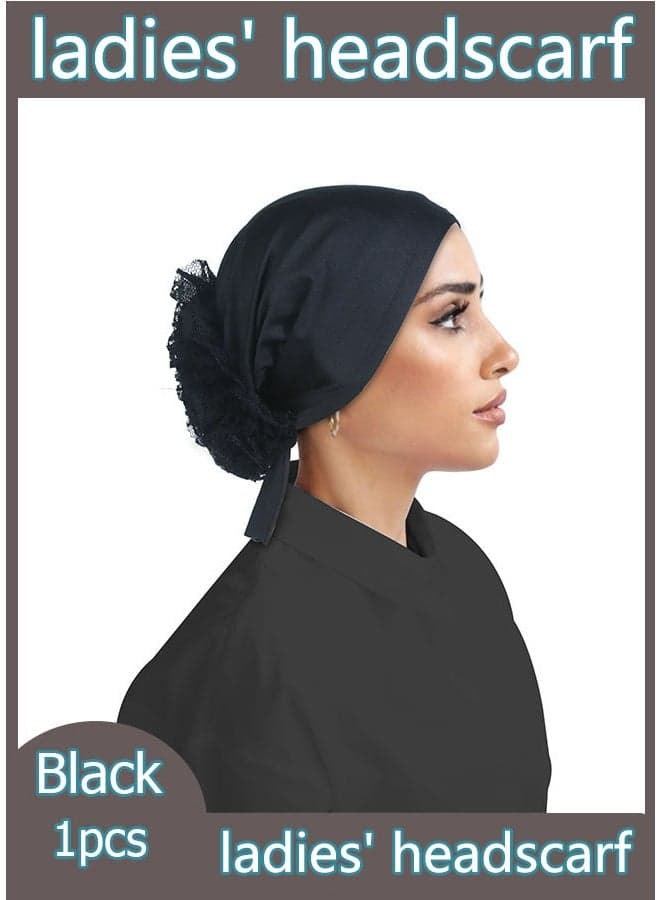 1 piece - Simple solid color lace large plate flower belt women's headscarf (black)