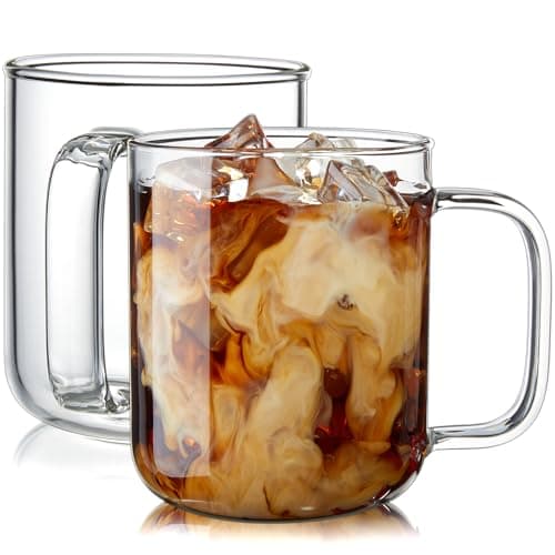 BWODYAY Glass Coffee Mugs, 16 oz Ice coffee cups, Large Clear Tea Cups Set of 2, Glass Mugs with Handles, Glass Cups for Latte, Cappuccino, and Tea