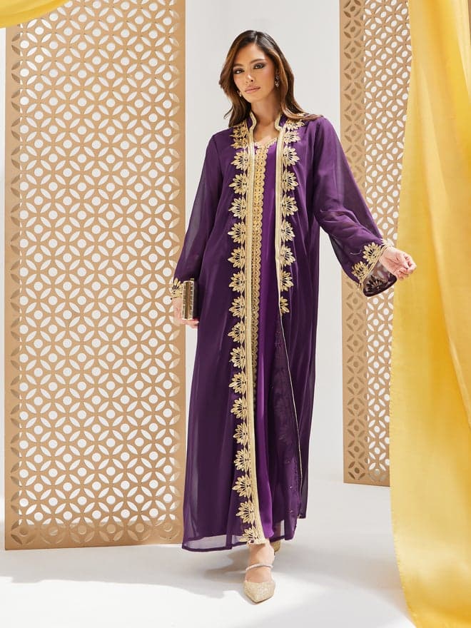 Lace Trim Collared Abaya and Inner Dress Set