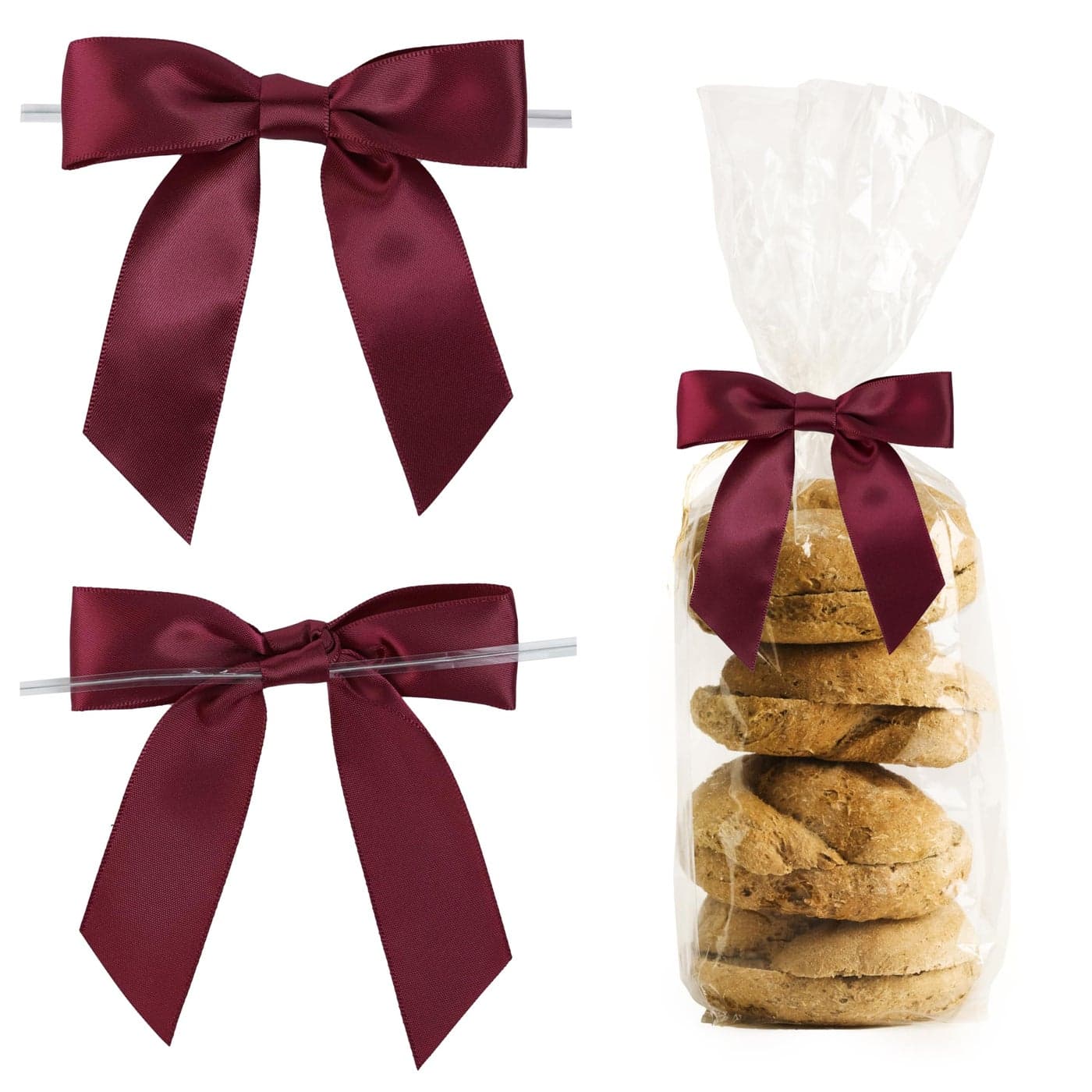 LIZLOVESS PreTied Burgundy Bows for Christmas 35 Inch Premade Dark Red Twist Tie Bows for Gift Wrapping Satin Bows for Crafts Party Favors Treat Bags Wedding Candy Apples Cake Pops 50 Pack