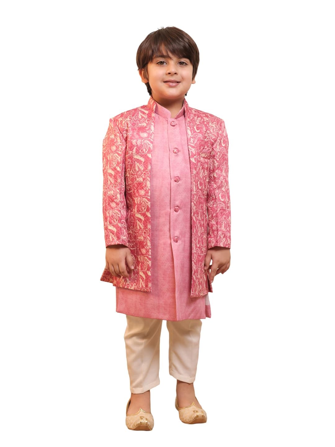 AJ DEZINES Jacquard Pink Sherwani for Boys|Kids Ethnic Wear|Traditional & Party Outfit for Weddings Festivals & Special Occasions|Stylish Sherwani for Kids Boys|Regular Fit|Pink-2