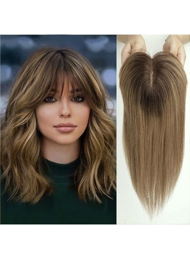 Hair Toppers For Women, Top Hairpieces 100% Remy Human Hair With Bangs, 150% Density Silk Base Clip In Topper For Slight Hair Loss/Thinning Hair/Gray Hair 14 inch 40g - Ombre Ash Blonde