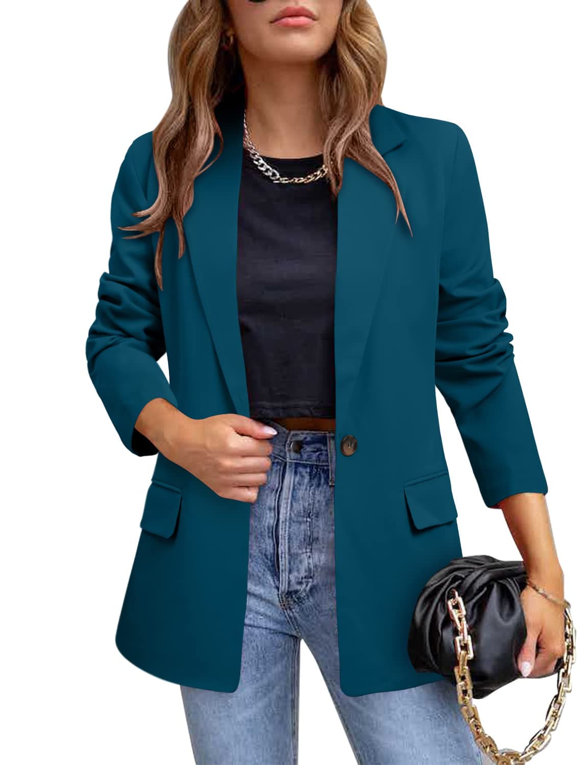 CRAZY GRID Womens Casual Blazer Long Sleeve Business Suit Jacket Open Front Button Work Office Blazer Jacket Fashion Dressy Plus Size Ladies Blazer Iron Blue Size 3XLarge
