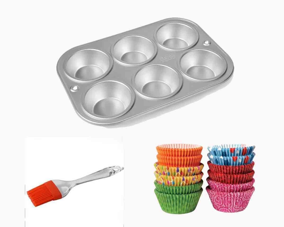 Bakers Pardise Aluminium 6 Cup MuffinCake Tray 10 Inches Silver with Mini Muffin Paper Cup Liners 10cm Set of 100 Pastry Brush