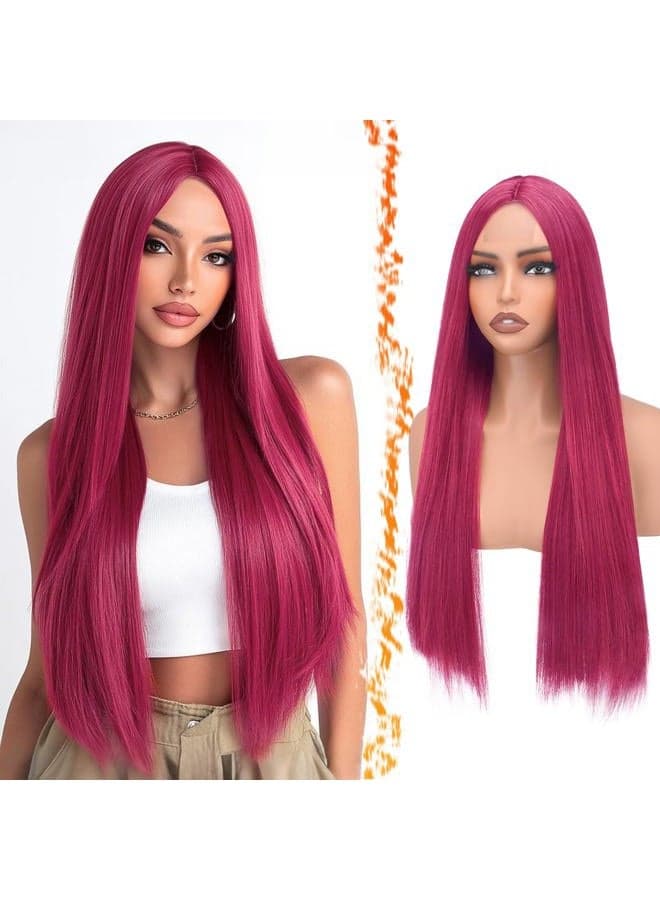 Long Straight Hot Pink Wig, Long Straight Middle Parting Pink Wig for Women, 71 cm, Natural Hair Wigs, Synthetic Hair Wigs, Kpop Wigs, Party, Cosplay, Halloween Wigs