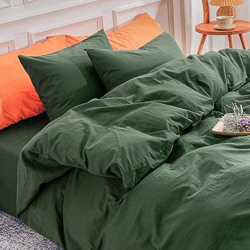 NEXHOME PRO Duvet Cover Set King Size Linen Feel Textured Organic Natural 100 Washed Cotton Duvet Cover 3 Pieces Bedding Set with Zipper Closure Breathable Soft Forest Green No Comforter
