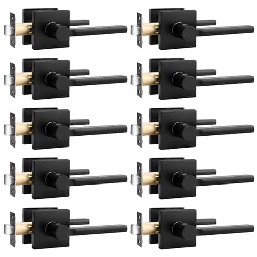 Probrico Square Black Passage Door Handle Interior Heavy Duty Keyless Door Lever Lock for Hallway Closet Slim Door Knobs Lockset, 10 Pack