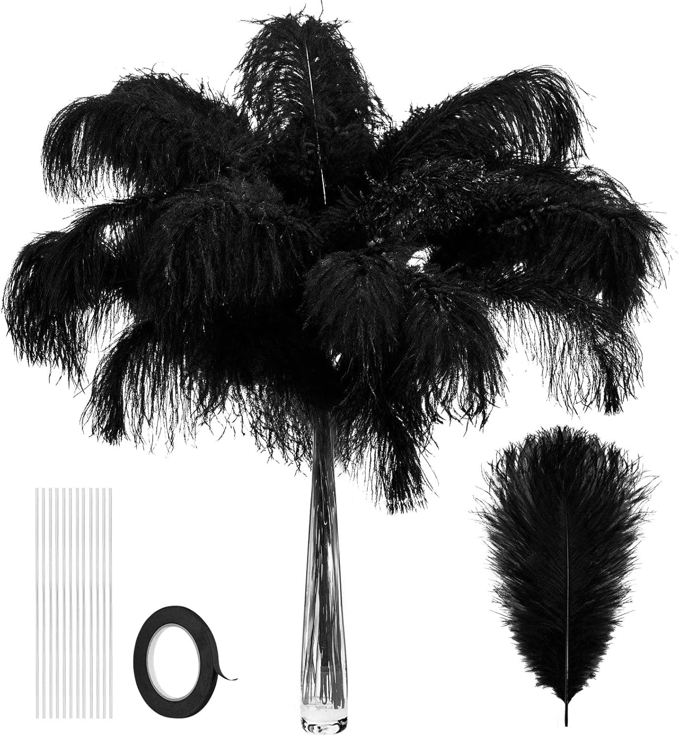 80 Pcs Black Ostrich Feathers Natural Bulk 1012 Inch with Iron Wire Tape for Vase Craft Wedding Party Centerpieces Floral Arrangement Home Decor Mardi Gras Feathers Carnival Favors