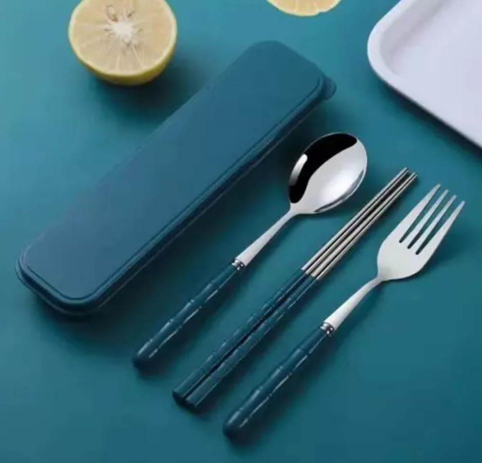 Home Cloud Premium Stainless Steel Cutlery Set Of 3-Piece (Spoon, Fork, Chopsticks) Including Travel Spoon Box - Exquisite Portable Tableware For Customized Gifts (Dark Green)