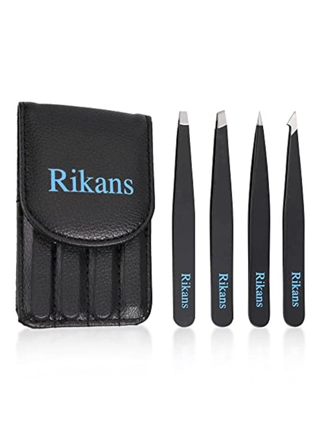 Rikans Precision Tweezers Set Pack of 4 Black Professional Tweezers Handy Carry Pouch Superior Stainless Steel Tweezer Set Splinters Eyebrows Facial or Ingrown Hair Blackheads Remover