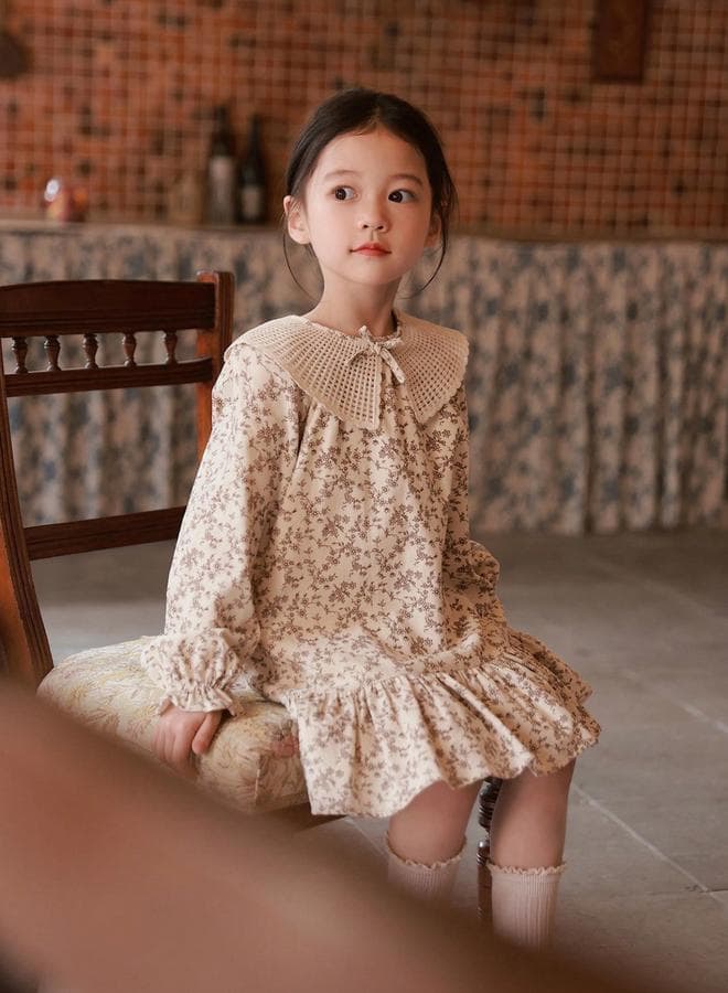 Girls Floral Print Peter Pan Collar Ruffled Hem Dress