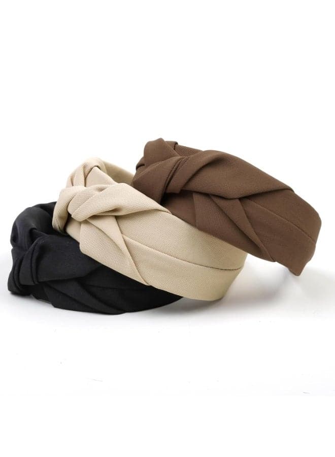 Knotted Headbands for Women Non Slip Women Headbands for Hair Fashion Hairband for Women‘s Hair Wide Top Knot Hair Hoops for Girls Black Beige Brown Head Band Hair Accessories for Women 3PCS