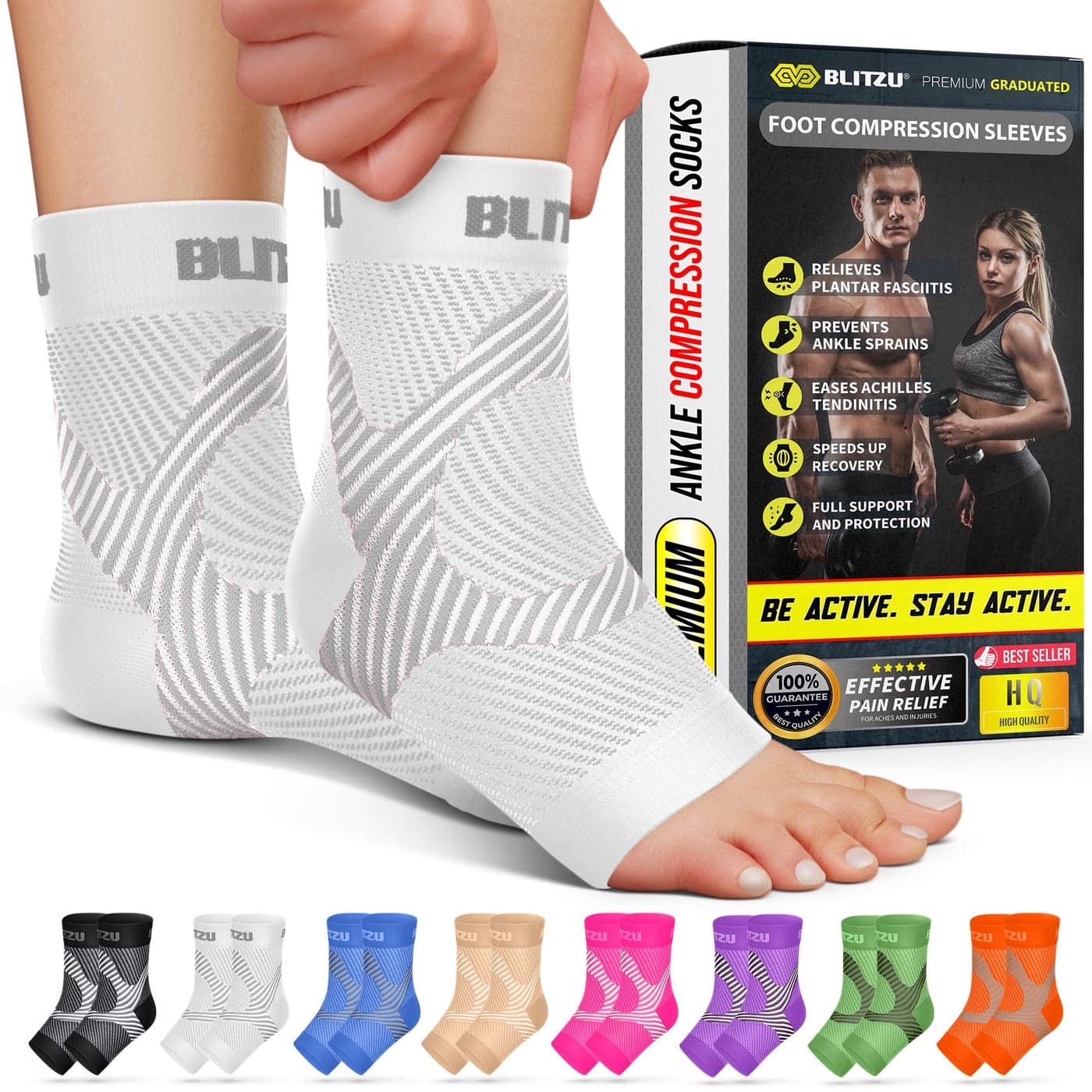 BLITZU Compression Socks for Plantar Fasciitis Achilles Tendonitis Relief Ankle Compression Sleeve for Heel Spurs Foot Swelling Fatigue Sprain Arch Support Brace for Sports Gym White SM