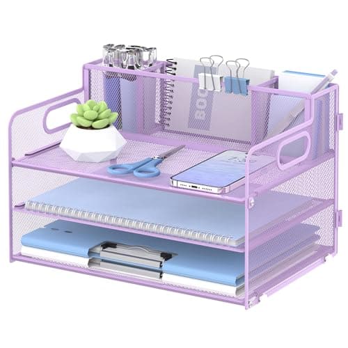 SUPEASY 3 Tier Desk Organizer with Handle 3 Pen Holders Mesh PaperFile Organizer for Desk Paper Letter Tray Organizer for Office Supplies Light Purple