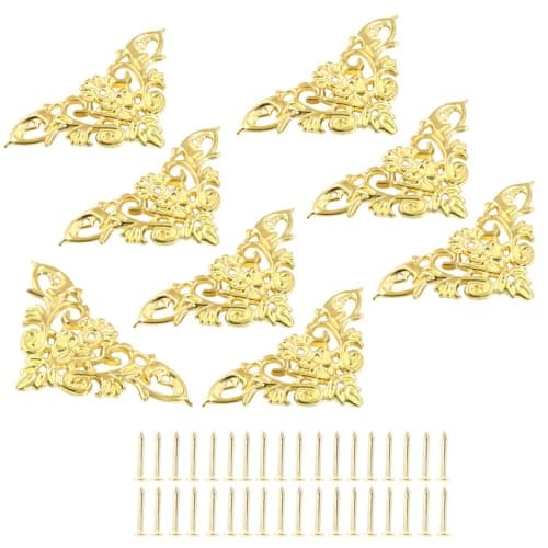 Unlorspy 8 Pcs Vintage Style Corner ProtectorsTriangle Furniture Decorative Edge Cover Antique Zinc Alloy Carved Corner Cover with Mounting Screws for Box Wooden Case Table Desk Gold