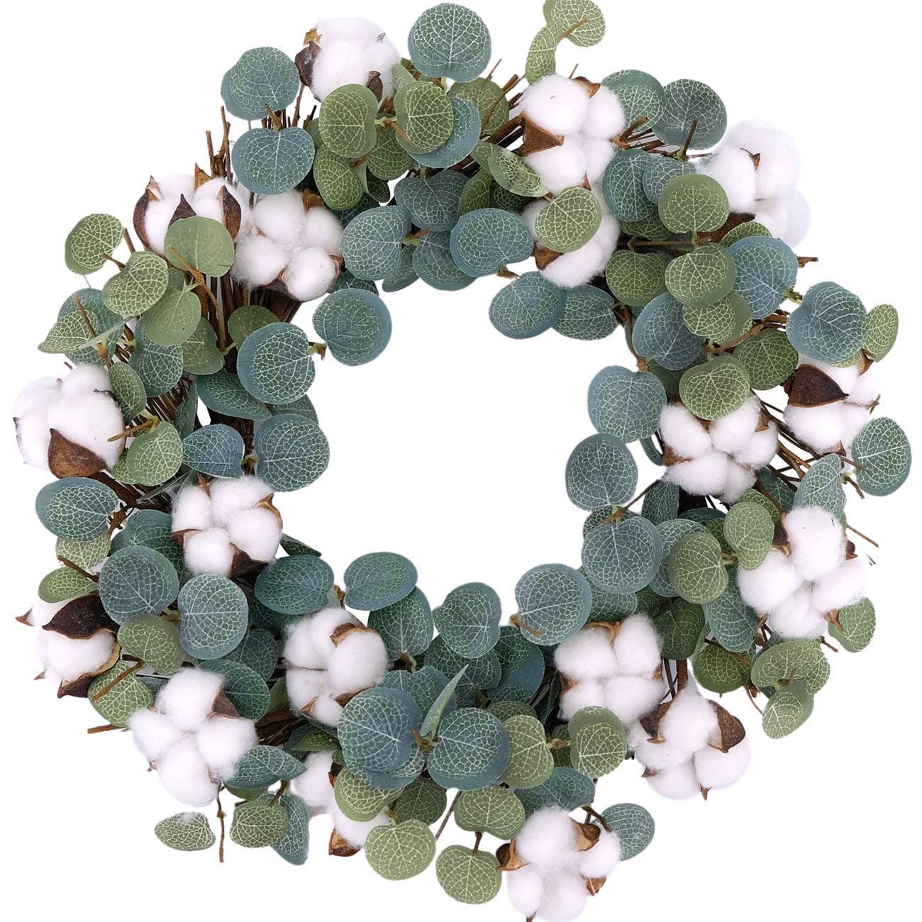 Idyllic Eucalyptus and Cotton Wreath 14 Inches Artificial Wreath on a Natural Twig Base for Farmhouse Garden Wedding Decor