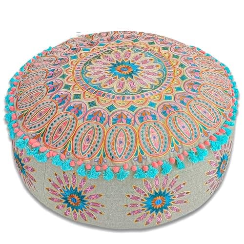 Mandala Life ART Moroccan Large Floor Pillow Cover with Tassels and Ponpon Bedroom Décor Round Pouf Ottoman Boho Chic Seating Area Beanbag Footstool Stool Cotton 24x8 Unstuffed