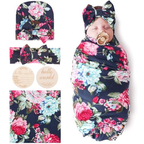 DRESHOW BQUBO Baby Girl Newborn Receiving Blanket with Bow Hat Headband Wooden Birth Announcement Card Set Baby Floral Print Nursery Swaddle Wrap