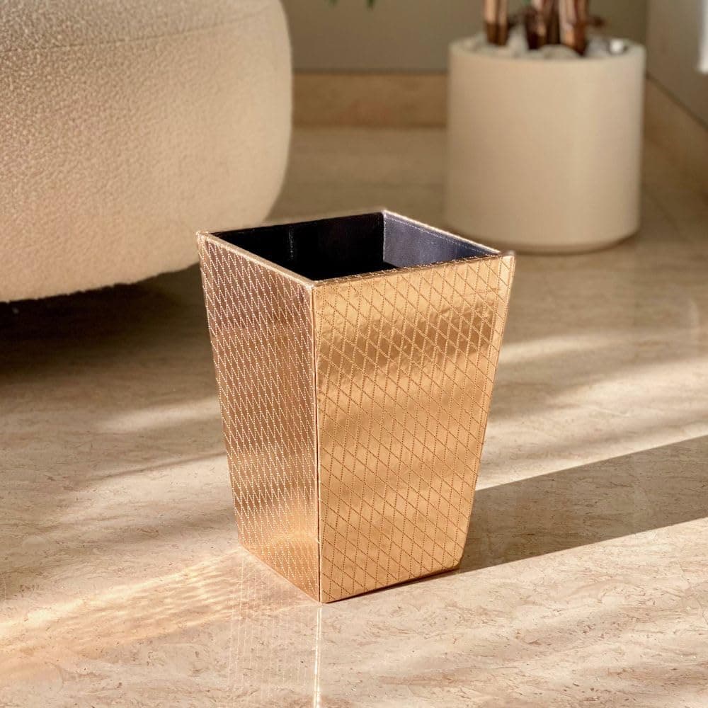 MASON HOME Vegan Leather Rose Gold Decorative Dustbin 1 pc L 75 x B 55 x H 105 Essential Utility Trash Garbage Hotels Bathroom Bedroom Kitchen Living Room Office