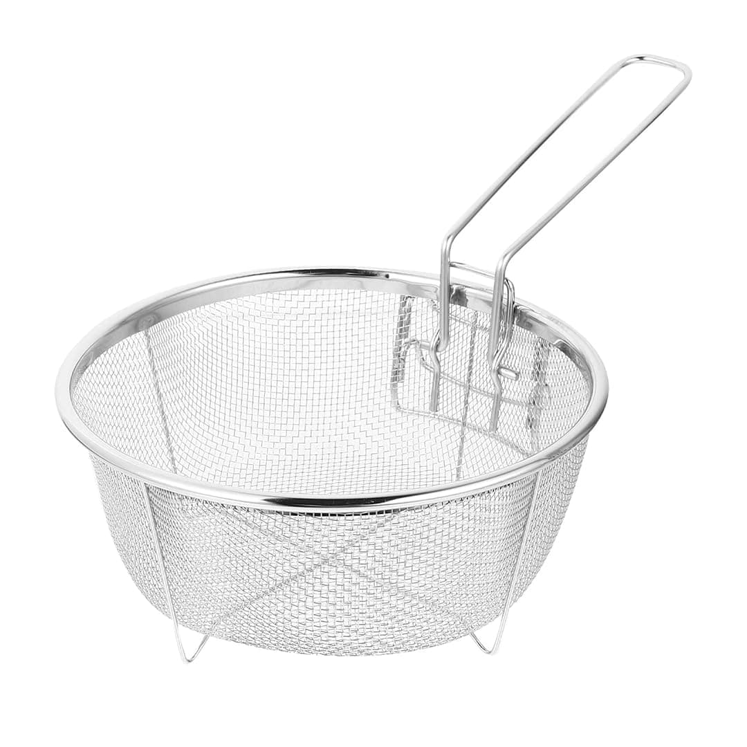 SHREESAMP Fry Basket Round Wire Deep Handles Pasta Spaghetti Mesh French Chip Fries Chicken Basket with Folding Handle for Kitchen Stainless Steel Serving Food Skimmer Strainer