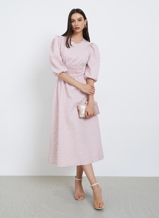 Take Two Pink Textured Puff Sleeve Midi Dress