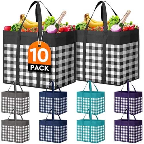 WISELIFE Reusable Grocery Shopping Bags 10 Pack Large Foldable Tote Bags Bulk, Long Handle for Shopping Groceries Clothes (Plaid A)