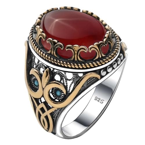 Men's Natural Red Agate Oval Ring in Genuine Solid 925 Sterling Silver Accented with bronze, Authentic Vintage Turkish Ottoman Style (Red Agate, 12)