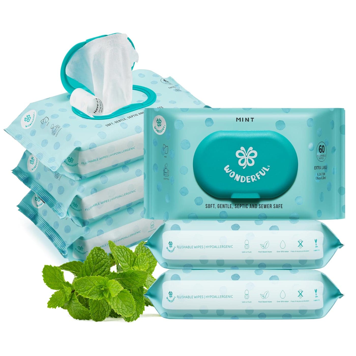WONDERFUL Flushable Butt Wipes Mint 100 PlantBased Wet Wipes for Adults Kids Sewer Septic Safe Gentle for Sensitive Skin Wipes Flushable Pack for Bathroom Travel 6Pack 360 Wipes