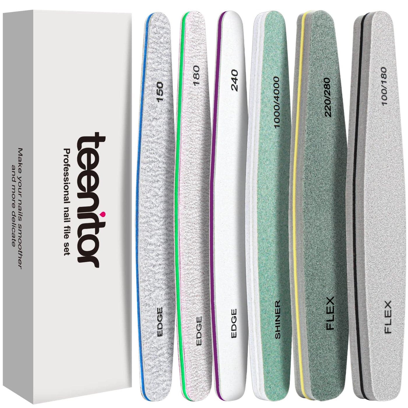 Teenitor Nail File Nail Buffer 6 pcs Nail Files and Buffers for Natural Nails Emery Boards for Nails Nail Buffer and Shine Kit Nail Filer Nail Buffer Block 100180 Grit Nail Files Fingernail Files
