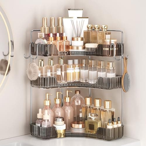 Kinkota 3-Tier Corner Organizer with Hooks, Gray PET Counter Storage | Multi-Purpose for Bathroom Skincare & Kitchen Organization