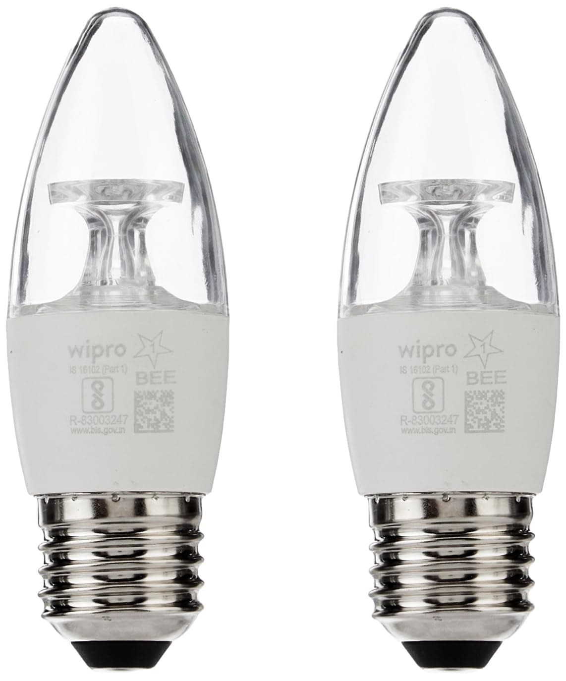 Wipro Garnet 5 W E27 Base Clear Candle LED Culb | Warm White (2700K) | Pack of 2 | Clear optics for sparkling effect | LED Filament Bulb for Home, office, chandellior, decorative lamp shade
