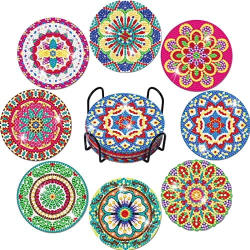 Billbotk 8 Pieces Diamond Painting Coasters Kit with Holder, Diamond Art Coasters, Arts and Crafts for Adults, Small Diamond Craft Kits for Beginners